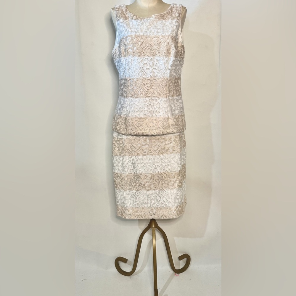 WHBM 2 Piece Lace Dress Career Skirt & Top Set White Taupe Stripe